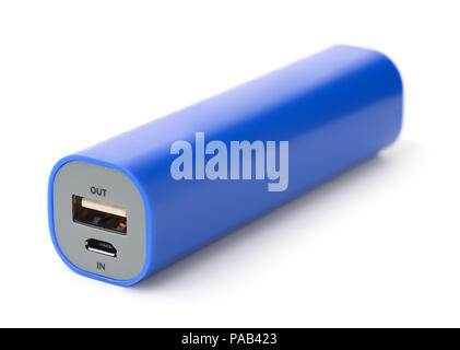 Blue Portable Power Bank isoliert auf weißem Stockfoto