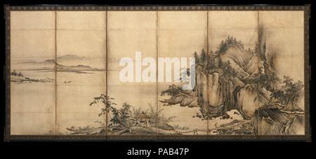 Landschaft der Vier Jahreszeiten. Artist: zugeschrieben, Kano Chokichi (Japanisch, aktive mid-16th Jahrhundert). Kultur: Japan. Abmessungen: Bild (jeder Bildschirm): 59 1/2 in. x 11 ft. 12 1/2 in. (151,1 x 356.9 cm) Insgesamt (jeder Bildschirm): 66 1/8 in. x 12 ft. 3 1/2 in. (168 x 374,6 cm). Datum: 16. Von den chinesischen Landschaft blättert, in der der Geist durch Zeit und Raum entlang von Flüssen und Bergen Reisen inspiriert, diese monumentale Landschaft verwandelt einen Innenraum in einen riesigen Raum für imaginäre Wandern. Die Quintessenz der chinesischen Thema des Gelehrten - Einsiedler abgestimmt auf die Welt der Natur und enjo Stockfoto
