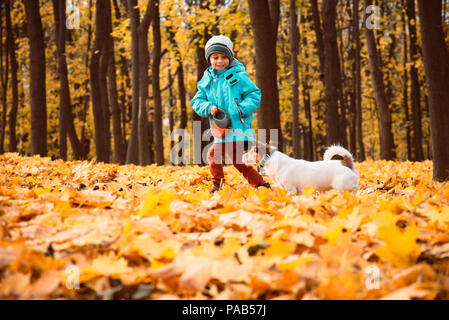 Kind Junge Wandern und Spielen mit Hund an der Leine der Outdoor herbst Park Stockfoto