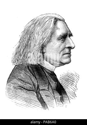 Franz Liszt, 22. Oktober 1811 - 1886, war ein produktiver aus dem 19. Jahrhundert ungarische Komponist, virtuoser Pianist, Dirigent, Musiklehrer, Arrangeur, Organist, Philanthrop, Autor, nationalistischen und ein Franziskaner tertiären während der romantischen Epoche, digital verbesserte Reproduktion eines original Holzschnitt Drucken aus dem Jahr 1881 Stockfoto