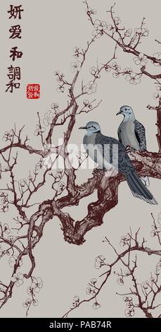 Sakura Japan cherry Zweig mit blühenden Blumen und zwei Turteltauben-Vector Illustration - Japanische Schriftzeichen Bedeutung: Schönheit, Liebe; Frieden; Schaden Stock Vektor