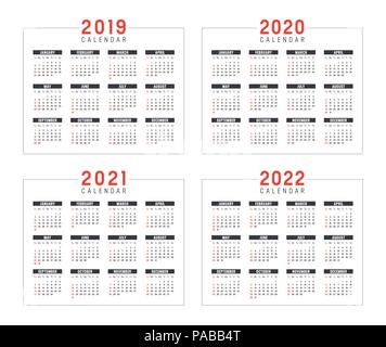 Der minimalistische Kalender, Jahre 2019 2020 2021 2022 Wochen anfang Sonntag, auf weissem Hintergrund - Vektor vorlagen. Stock Vektor