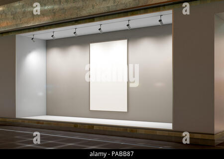 Leere Store Fenster in der Nacht. Leeres Plakat in beleuchteten Schaufenster präsentieren. 3D-Darstellung Stockfoto
