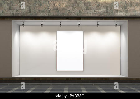 Leere Store Fenster in der Nacht. Leeres Plakat in beleuchteten Schaufenster präsentieren. 3D-Darstellung Stockfoto