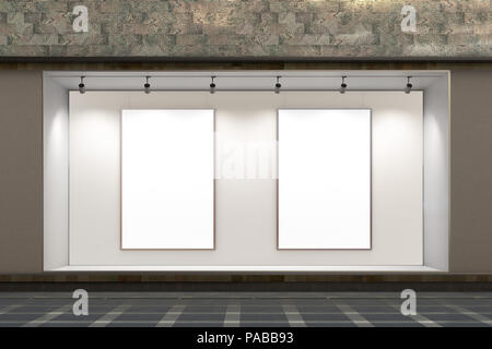 Leere Store Fenster in der Nacht. Zwei leere Plakate in beleuchtete Schaufenster präsentieren. 3D-Darstellung Stockfoto