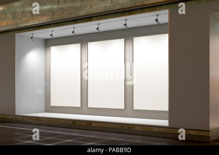 Leere Store Fenster in der Nacht. Thre leere Plakate in beleuchtete Schaufenster präsentieren. 3D-Darstellung Stockfoto
