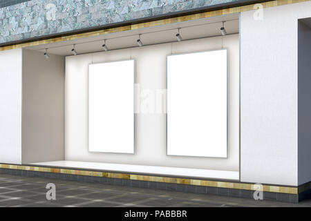 Leeren speicher Fenster am Tag. Zwei leere vertikale Plakate im Schaufenster präsentieren. 3D-Darstellung Stockfoto