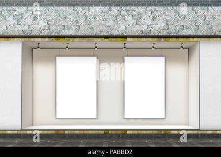 Leeren speicher Fenster am Tag. Zwei leere vertikale Plakate im Schaufenster präsentieren. 3D-Darstellung Stockfoto