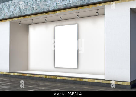 Leeren speicher Fenster am Tag. Leere vertikale Plakate im Schaufenster präsentieren. 3D-Darstellung Stockfoto