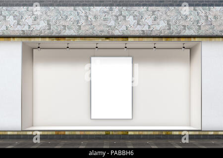 Leeren speicher Fenster am Tag. Leere vertikale Plakate im Schaufenster präsentieren. 3D-Darstellung Stockfoto