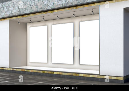 Leeren speicher Fenster am Tag. Drei Leere vertikale Plakate im Schaufenster präsentieren. 3D-Darstellung Stockfoto