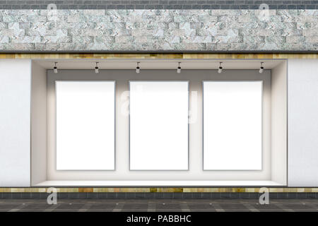 Leeren speicher Fenster am Tag. Drei Leere vertikale Plakate im Schaufenster präsentieren. 3D-Darstellung Stockfoto