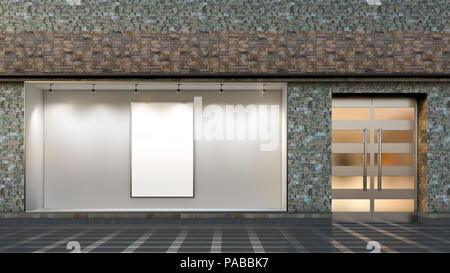 Leere Schaufenster und Eingang. Leeres Plakat in beleuchteten Schaufenster präsentieren. 3D-Darstellung Stockfoto
