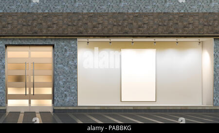 Leere Schaufenster und Eingang. Leeres Plakat in beleuchteten Schaufenster präsentieren. 3D-Darstellung Stockfoto