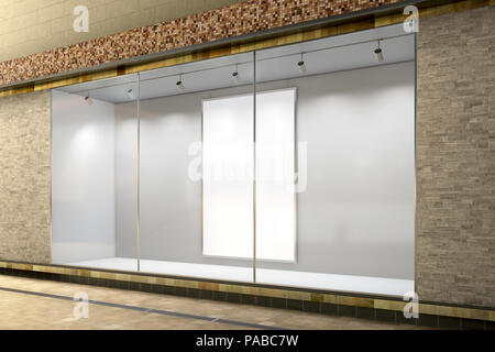 Leere Schaufenster. Leeres Plakat in beleuchteten Schaufenster präsentieren. 3D-Darstellung Stockfoto