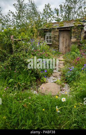 Schöne alle Garten (natürliche Bepflanzung, bunte Blumen & rustikale Scheune Hütte) - Heu in der Dales, RHS Chatsworth Flower Show, England, UK. Stockfoto