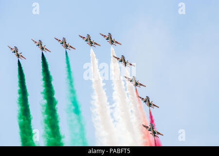 Italienische Luftwaffe Frecce Tricolori auf dem Bild 2018 Royal International Air Tattoo an RAF Fairford in Gloucestershire. Stockfoto