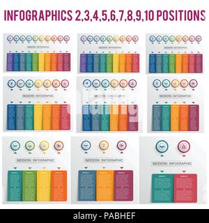 Infografiken vorlagen, farbige Schaltflächen und Spalten mit Platz für Text für 2, 3, 4, 5, 6, 7, 8, 9 nummeriert, 10 Optionen, moderne Website Vorlage. Stock Vektor