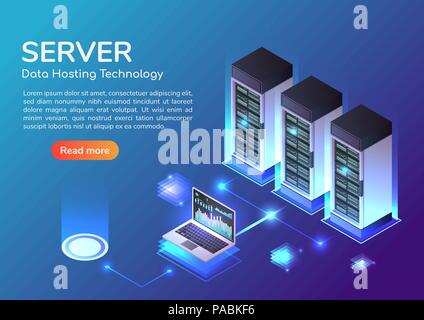 3d-isometrische Web Banner Server und Hosting Storage Technologie. Web Hosting Server und Rechenzentrum Startseite Konzept. Stock Vektor