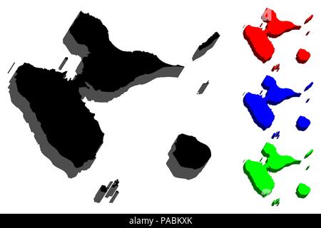 3D-Karte von Guadeloupe (Insel-insular Region Frankreichs) - Schwarz, Rot, Blau und Grün-Vector Illustration Stock Vektor