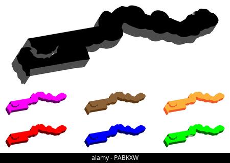 3D-Karte von Gambia (Republik Gambia) - Schwarz, Rot, Blau, Braun, Violett, Orange und Grün - Vector Illustration Stock Vektor