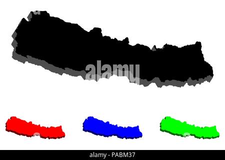 3D-Karte von Nepal (Demokratische Bundesrepublik Nepal) - Schwarz, Rot, Blau und Grün-Vector Illustration Stock Vektor