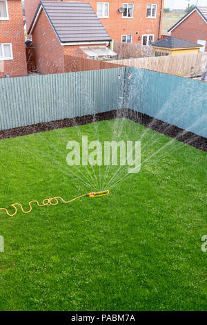 Sprinkler mit einem gelben Schlauch verwendet wird, einen neu verlegten Rasen auf einer Entwicklung des neuen Gehäuses zu Wasser. Stockfoto