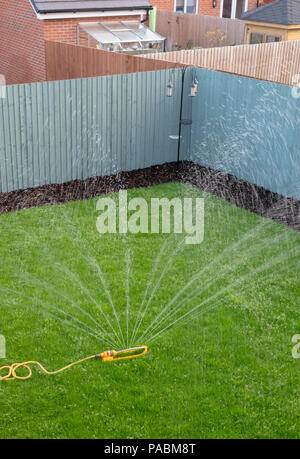 Sprinkler mit einem gelben Schlauch verwendet wird, einen neu verlegten Rasen auf einer Entwicklung des neuen Gehäuses zu Wasser. Stockfoto