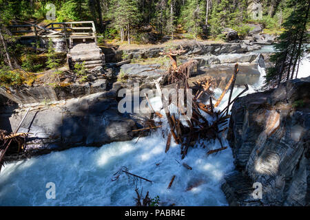 Gebrochene Brücke über den Wasserfall. In NUMA-fällt, Kootenay National Park, British Columbia, Kanada. Stockfoto