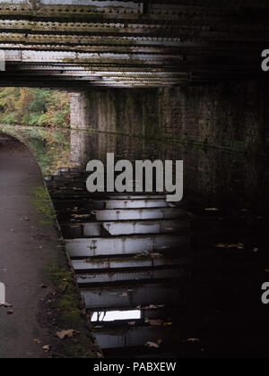 Folgt dem Pfad neben dem Leeds Liverpool canal unter einer Brücke im Oktober. Stockfoto