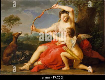 Diana und Amor. Artist: Pompeo Batoni (Italienisch, Lucca 1708-1787 Rom). Abmessungen: 49 x 68 in. (124,5 x 172,7 cm). Datum: 1761. Das Bild war für Sir Humphrey Morice (1723-1785), Sohn eines reichen Kaufmanns und Direktor der Bank von England gemalt. Morice war ein großer Tierfreund und Beauftragte von Batoni ein Porträt von sich selbst in der römischen Landschaft nach der Jagd als Anhänger an diesem Bild, das die Göttin der Jagd die Zurückhaltung der Bogen von Amor zeigt. Das Bild war als das feinste Batoni je gemalt hatte. Die Abbildung von Diana ist auf der Grundlage gefeiert Ancien Stockfoto