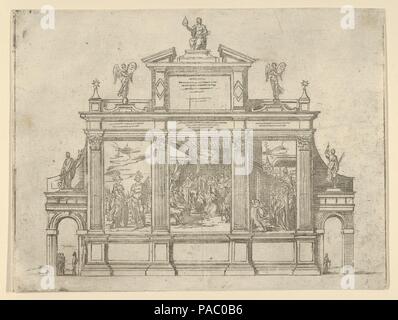 Fassade eines triumphalen Denkmal mit drei Szenen, Taten von Papst Clemens VIII., eine vorübergehende Dekoration für den Eintrag von Papst Clemens VIII. in Bologna im Jahre 1598. Artist: Guido Reni (Italienisch, Bologna Bologna 1575-1642). Abmessungen: Blatt (getrimmte): 7 7/8 x 10 3/8 in. (20 × 26,4 cm). Serie/Portfolio: Descrittione de Gli apparati fatti in Bologna per la venuta di K.A. Papa Clemente VIII. Datum: 1598. Szene in der Mitte zeigt der Papst Segen den König von Frankreich. Die Platte von "escrittione de Gli apparati fatti in Bologna per la venuta di K.A. Papa Clemente VIII', ein Buch mit der Beschreibung o Stockfoto