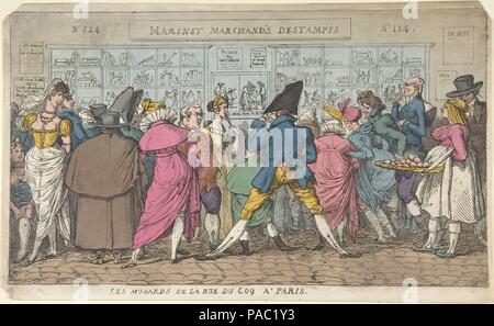 Les Musards de la Rue du Coq à Paris (Dawdlers der Rue Du Coq, Paris). Artist: zugeschrieben, Thomas Rowlandson (Briten, London 1757-1827, London); Nach Pierre Nolasque Bergeret (Französisch, Bordeaux, Paris 1782-1863); Sobald der Gedanke nach Jean-Baptiste-François Bosio (Französisch, Monaco 1764-1827 Paris). Maße: Blatt: 9 1/8 x 15 1/16-in. (23,2 x 38,2 cm). Datum: Ca. 1810. Eine Menschenmenge in der Straße "artinet Librairie', die Druckerei an Nr. gesammelt 124 Rue du Coq-Saint-Honoré, Paris, versucht, an die Drucke zu schauen und einander. Der Shop hat ein Schild mit der Aufschrift: "arinet [si Stockfoto