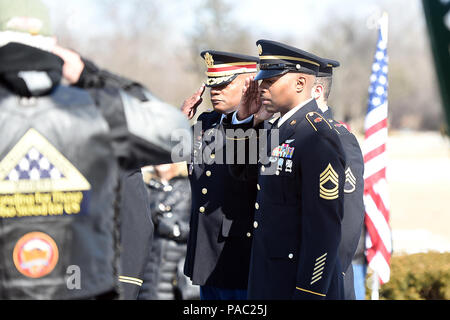 Armee Reservisten machen ein Gruß während der Trauerfeier für Armee SPC. Adriana Salem am Speicher Gärten Friedhof in Arlington Heights, Illinois, März 4, 2016. Sandra Salem, Mutter von Salem, hielt die Gedenkstätte auf dem 11. Jahrestag des Todes ihrer Tochter. Teilnehmer enthalten Kongressabgeordnete Tammy Duckworth, ehemaligen Illinois reg. Patrick Quinn, Illinois Patriot Guard, und Armee finden Soldaten aus dem 85. Unterstützt den Befehl und 85 Army Band. Salem, in die 3.Infanterie Division, wurde in Remagen, Irak, am 4. März 2005 getötet wurden. (U.S. Armee Foto von Herrn Anthony L.Taylor/Freigegeben) Stockfoto