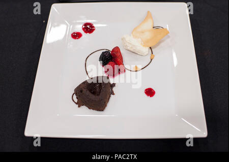 Eine Schokolade lava Kuchen Eintrag von Pfc. Tyquanda Dennis, mit dem Quartiermeister 275th Company, Fort Pickett, Va., während die Streitkräfte Junior Chef des Jahres Wettbewerb während der 41. jährlichen militärischen kulinarische Künste wettbewerbsfähige Ausbildung Event an der Gemeinsamen kulinarischen Center of Excellence, 6. März 2016, am Fort Lee, Virginia. Dennis, der auf der US-Armee finden kulinarische Künste Team für nur drei Tage wurde, zählte eine Bronzemedaille in Ihrem ersten Wettbewerb. (U.S. Armee Foto von Timothy L. Hale/Freigegeben) Stockfoto