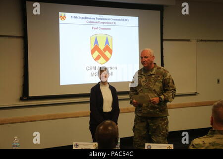 Generalmajor Leslie Carroll (rechts), der kommandierende General für die 377 Theater Sustainment Command stellt eine Länge des Leistungsscheins und Emblem zu Margaret "Peggy" Ranschaert zu Ehren ihrer 45-jährigen Karriere als eine Armee die zivilen Mitarbeiter während der Dauer der Zeremonie am 4. März Spc statt. Lukas S. Erste Armee Mitte am Fort Benjamin Harrison, Ind. Stockfoto