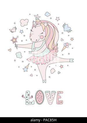 Einhorn Vektor süße niedliche Illustrationen. Magic fantasy Design. Cartoon Regenbogen Tier isoliert Pferd. Märchen Einhorn Poster drucken. Stock Vektor