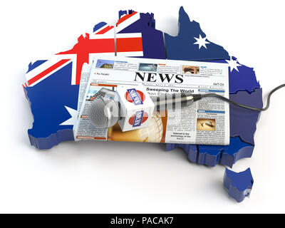 Australische Nachrichten, Presse und Journalismus Konzept. Mikrofon und Zeitung auf die Karte in den Farben der Flagge von Australien. 3D-Darstellung Stockfoto
