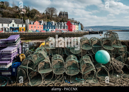 Angeln fallen auf eine Kaimauer mit der bunten Stadt von Tobermory im Hintergrund Stockfoto