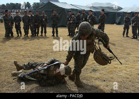 U.S. Navy Unteroffiziere 2. Klasse Bernard Etrata und Rogelio Saldana, mit Bekämpfung corpsmen Logistik Bataillon 13, 13 Marine Expeditionary Unit, Republik Korea Matrosen zeigen, wie Tactical combat casualty Care zu einem ROK Feldlazarett an Bord der Pohang ROK Marine Base, Südkorea, 16. März 2016 zu führen, während der Übung Ssang Yong 2016. Ssang Yong ist eine Biennale militärische Übung zur Stärkung der amphibische Landung Fähigkeiten von der Republik Korea, den USA, Neuseeland und Australien konzentriert. (U.S. Marine Corps Foto von MCIPAC bekämpfen Kamera Cpl. Allison Lotz/Freigegeben) Stockfoto