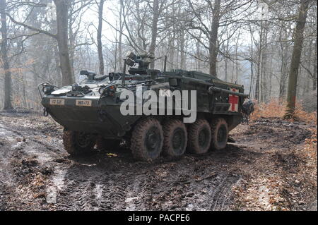 M1133 Stryker, medizinische Evakuierung Fahrzeug der 2 Stryker Cavalry Regiment auf dem Truppenübungsplatz Baumholder Manöver "H" während der US-Armee Europa Experten Bereich Medizinische Abzeichen Wettbewerb dient als Fahrzeug, wo Kandidaten ihre Würfe auf Laden. 195 Kandidaten der US-Streitkräfte in Europa, darunter 24 Teilnehmer aus sieben NATO-Verbündeten, konkurrieren in den fünf tägliche Herausforderung, an Lager Aulenbach, Deutschland, March 11-24, 2016. Der Test ist eine rigorose Bewertung der geistigen und körperlichen Fähigkeiten in Soldat und medizinischen Aufgaben erfordern ein hohes Maß an Fähigkeit und konzentrieren. Die Preise Rang Stockfoto