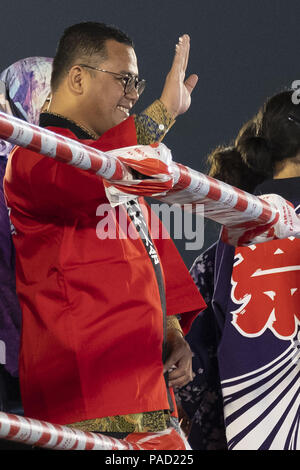 Shah Alam, Kuala Lumpur, Malaysia. 21. Juli 2018. Amirudin bin Shari am Festival gesehen. Tausende von Malaysiern, Japaner und Ausländer besucht die 42. Kuala Lumpur Bon Odori Festival auf nationaler Sport Komplex, Shah Alam statt. Das Festival ist ein Versuch, zu stärken und um die kulturellen Bindungen zwischen Malaysia und Japan fördern. Credit: Faris Hadziq/SOPA Images/ZUMA Draht/Alamy leben Nachrichten Stockfoto