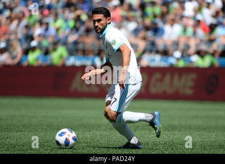 Seattle, Washington, USA. 21. Juli 2018. CRISTIAN ROLDAN (7) in Aktion wie die Vancouver Whitecaps besuchen Sie die Seattle Sounders für ein MLS-Match im Century Link Feld in Seattle, WA. Credit: Jeff Halstead/ZUMA Draht/Alamy leben Nachrichten Stockfoto