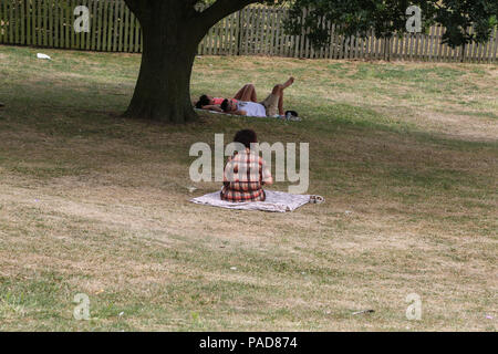 Alexandra Palace. North London. UK vom 22. Juni 2018 - Menschen auf ausgetrocknetes Gras im Alexandra Palace Park entspannen, nördlich von London an einem schwülen Tag in der Hauptstadt. Nach dem Met Office die Temperatur in London und Südosten ist wahrscheinlich 34 Grad in der kommenden Woche zu erreichen. Credit: Dinendra Haria/Alamy leben Nachrichten Stockfoto