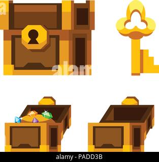 Cartoon hölzerne Truhe mit Gold und Schlüssel Stock Vektor