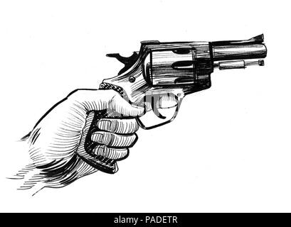 Hand mit einem Revolver Pistole. Tinte schwarz und weiß Abbildung: Stockfoto