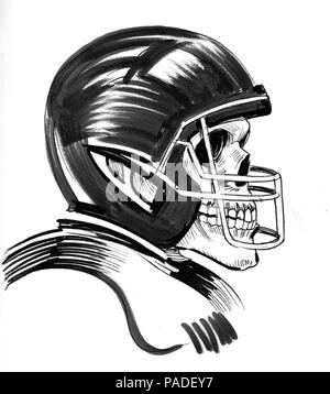 Skelett im American Football Helm. Tinte schwarz und weiß Abbildung: Stockfoto