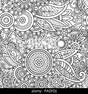 Ethnische nahtlose Muster mit Mandalas, Blumen und Blätter. Doodles floral Schwarz und Weiß Ornament. Perfekt für Tapeten, erwachsene Malbücher, Webseite Hintergrund, Oberflächenstrukturen. Stock Vektor