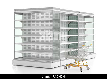 Warenkorb an der leeren Supermarkt kühlschrank Vitrinen eingestellt. Auf weiß isoliert. 3D-Rendering Stockfoto