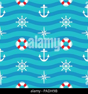 Vektor nahtlose Meer Muster mit Compass Rose, Lenkrad, Anker und Rettungsring Symbol auf blauem Hintergrund symbolisiert wellige Meer Wasser Stock Vektor
